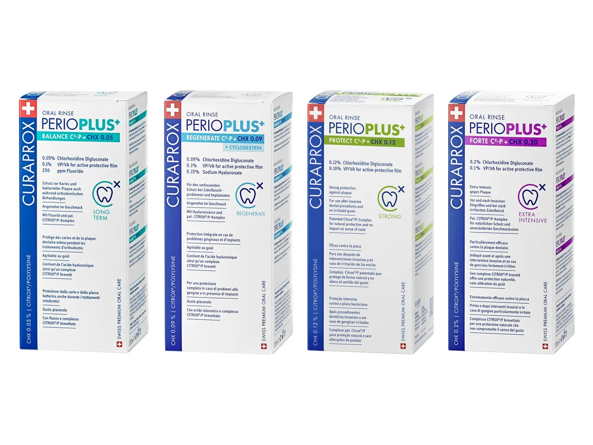 מי פה לדלקת חניכיים Curaprox Perio Plus בארבעה ריכוזי כלורהקסידין, 0.05%, 0.09%, 0.12% ו-0.20%