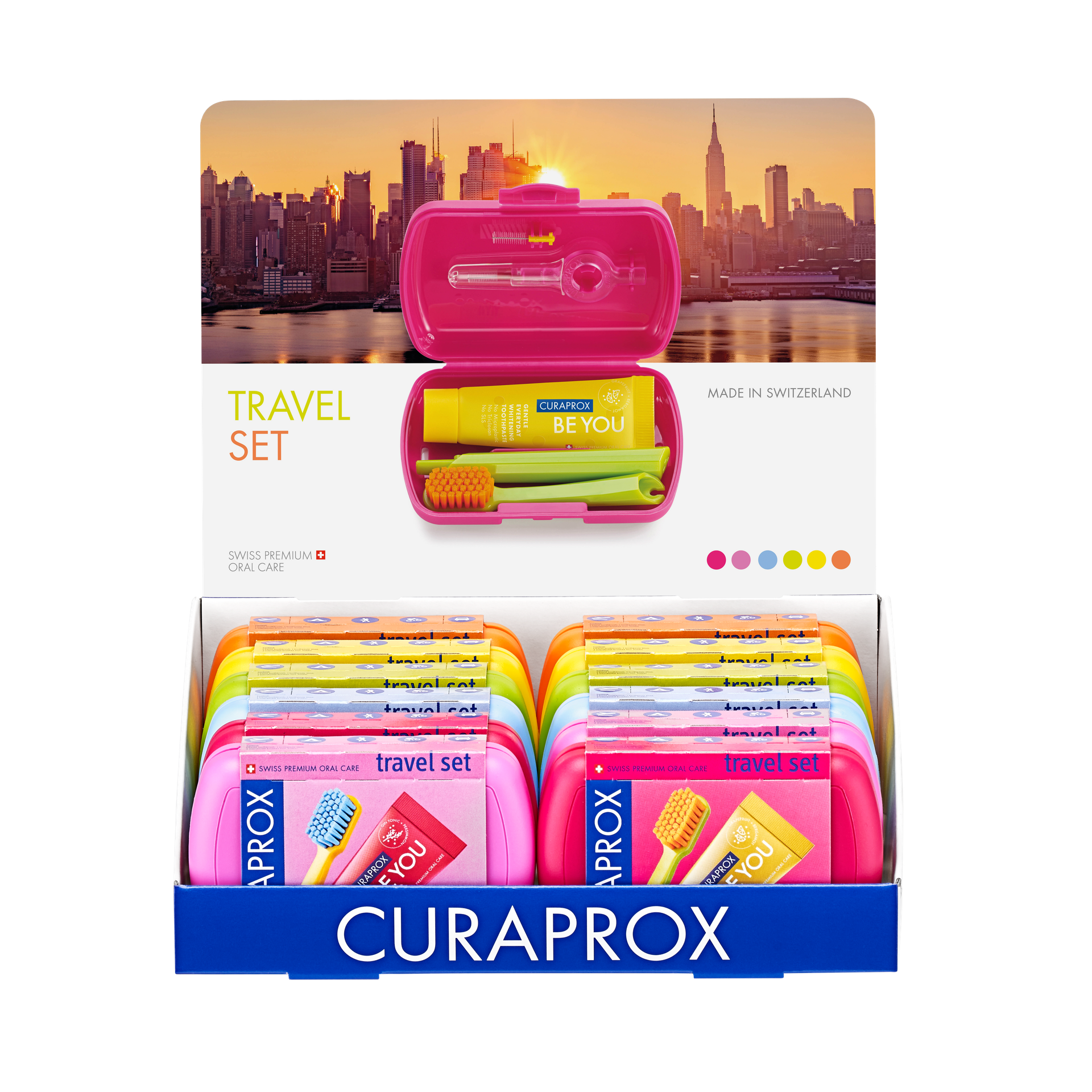 Curaprox Travel Set display with 12x Travel Sets